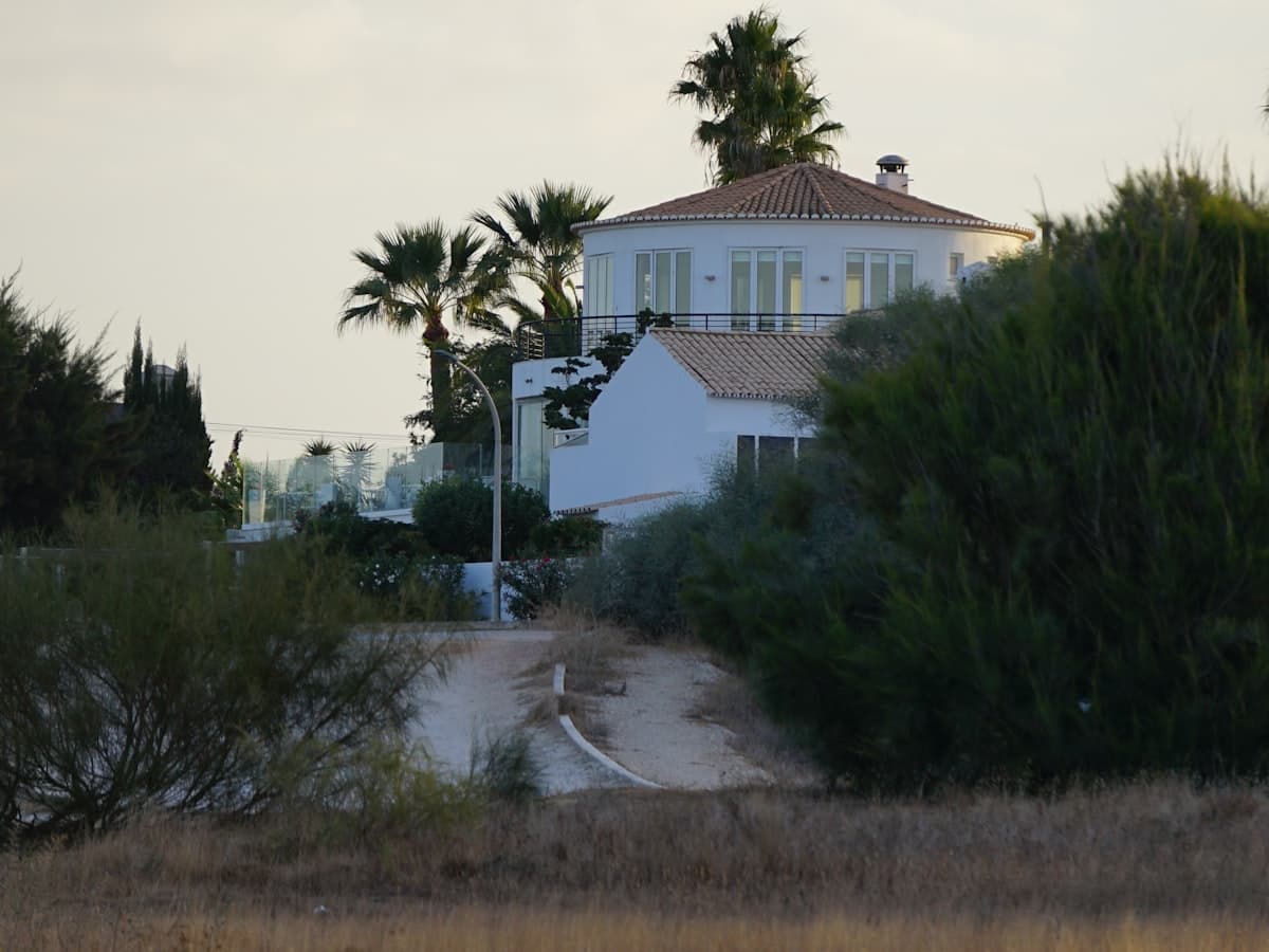 Casa blanca con palmeras en una colina