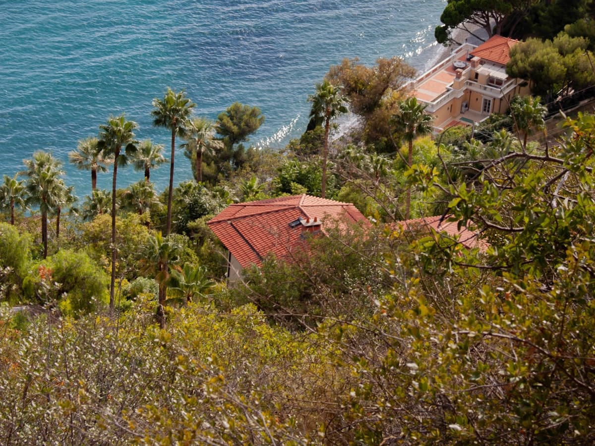 Villas entre árboles junto al mar azul